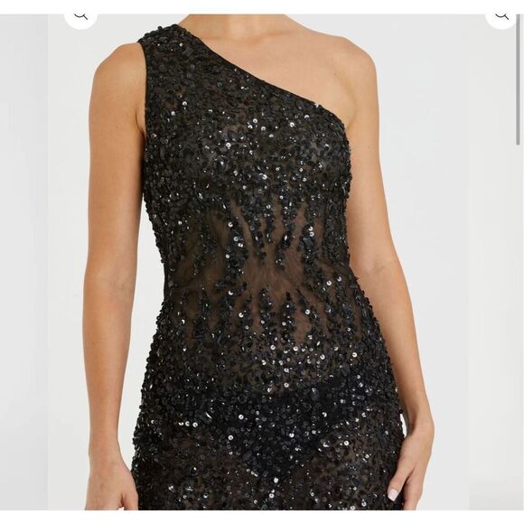 MAC DUGGAL Black One Shoulder Sheer Hand Beaded Mini Dress size 6 NWT - Picture 2 of 9